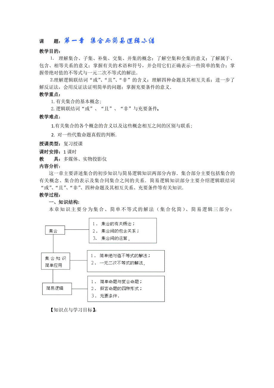 (新人教A)高三数学教案全集之 集合与简易逻辑小结.doc_第1页