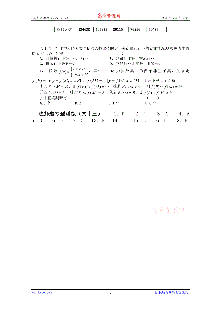 (新人教A) 高三数学第二轮复习选择题专题训练（文13）.doc_第2页