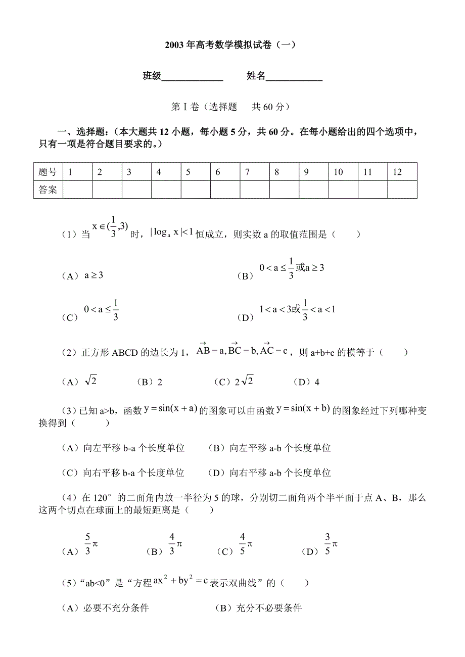 03224-北大附中2003年高考数学模拟试卷（一）.doc_第1页