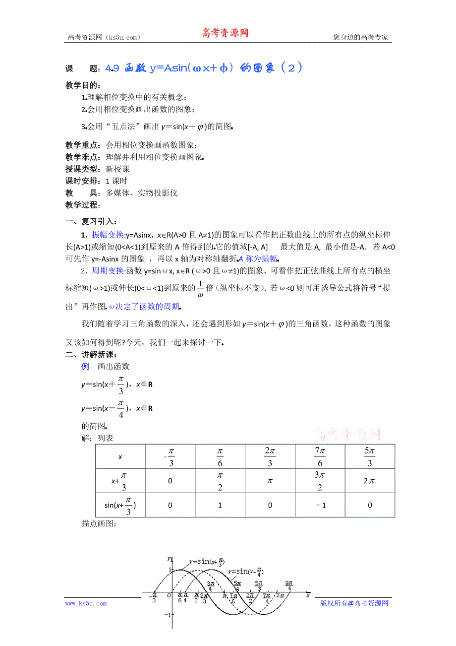 (新人教A)高三数学教案全集之4 9函数Y=ASIN(ΩX+Φ) 的图象（2）.doc_第1页