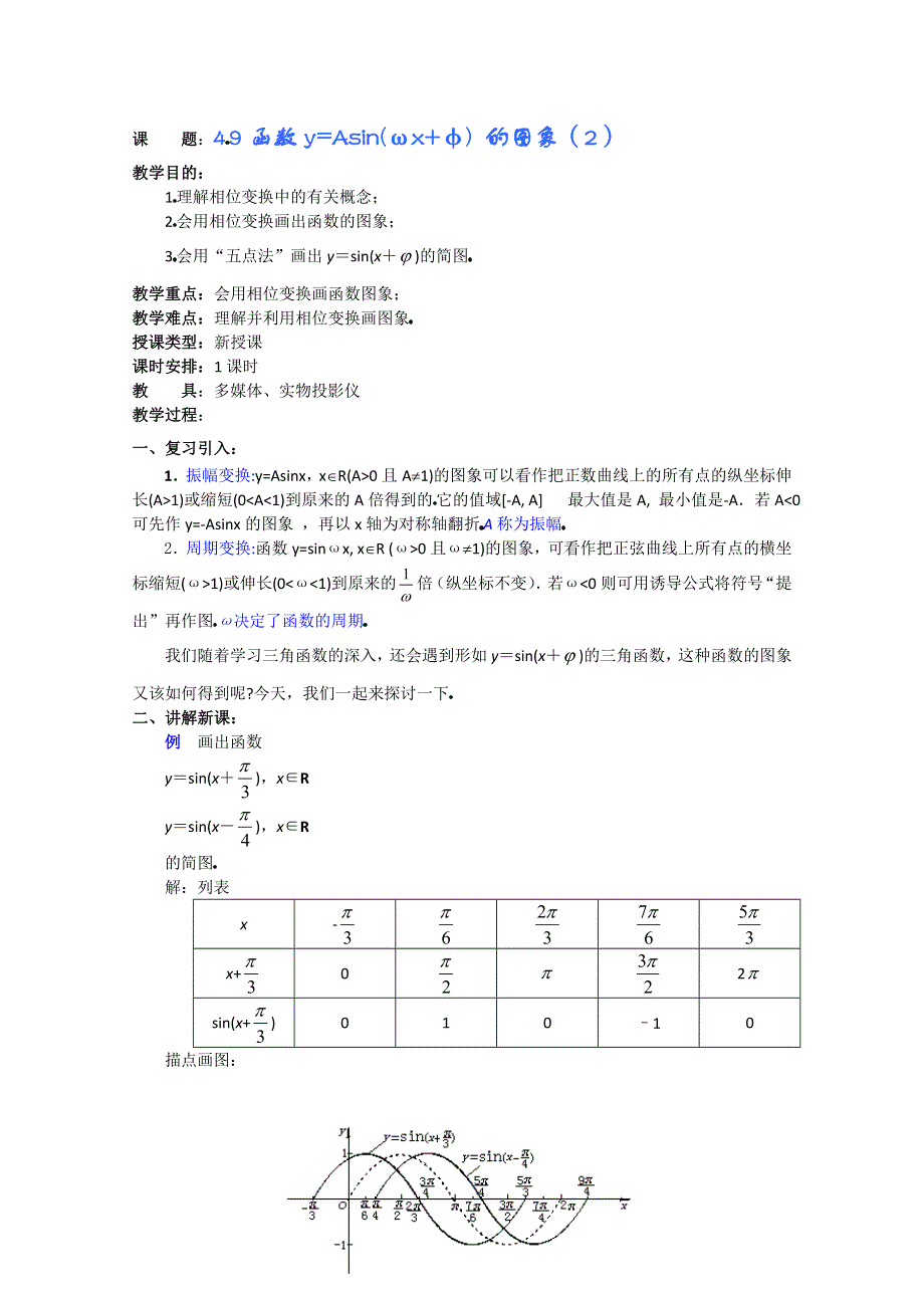 (新人教A)高三数学教案全集之4 9函数Y=ASIN(ΩX Φ) 的图象（2）.doc_第1页