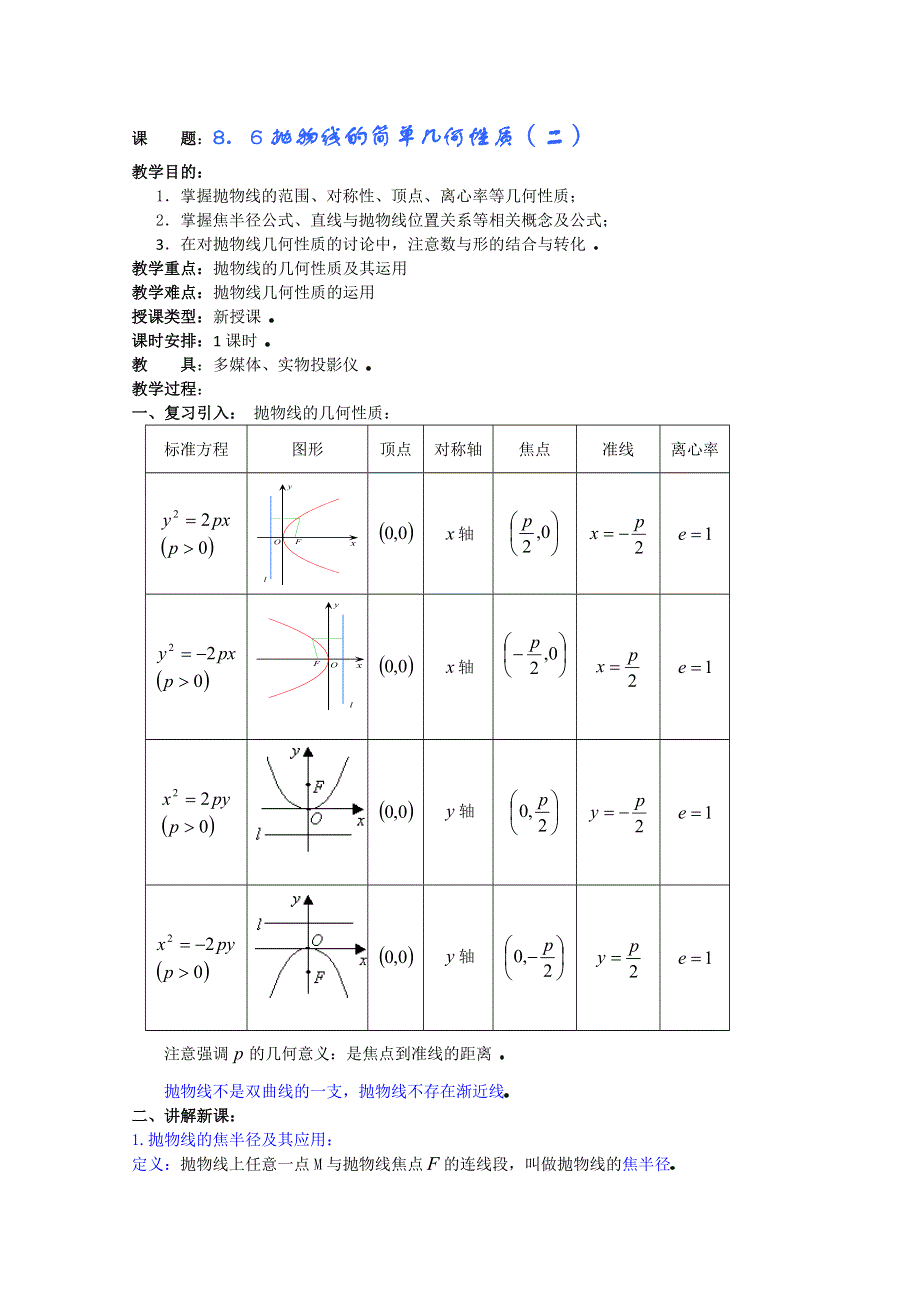 (新人教A)高三数学教案全集之8．6抛物线的简单几何性质（二）.doc_第1页