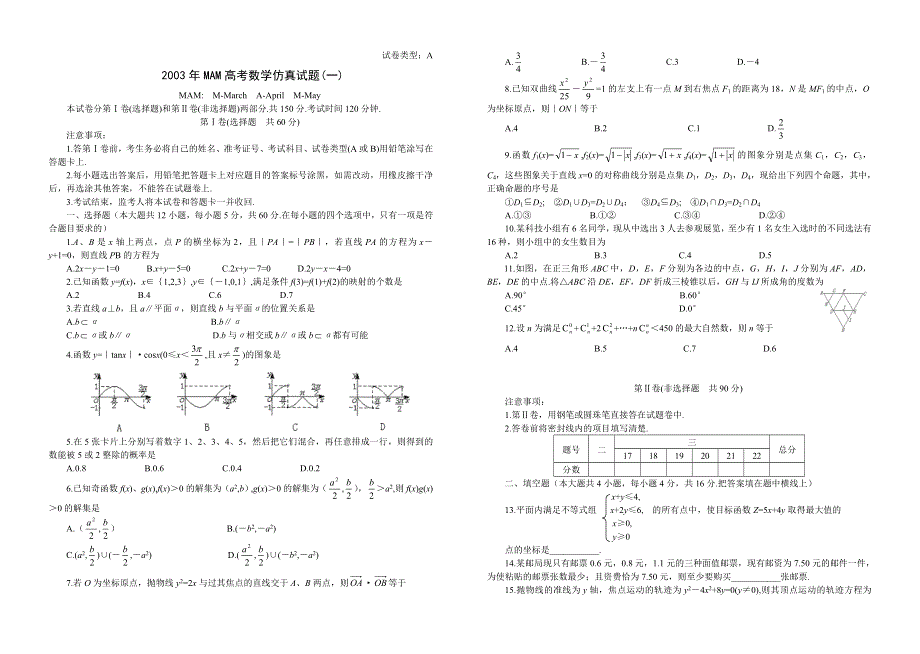 03302-2003年MAM高考数学仿真试题（一）.doc_第1页