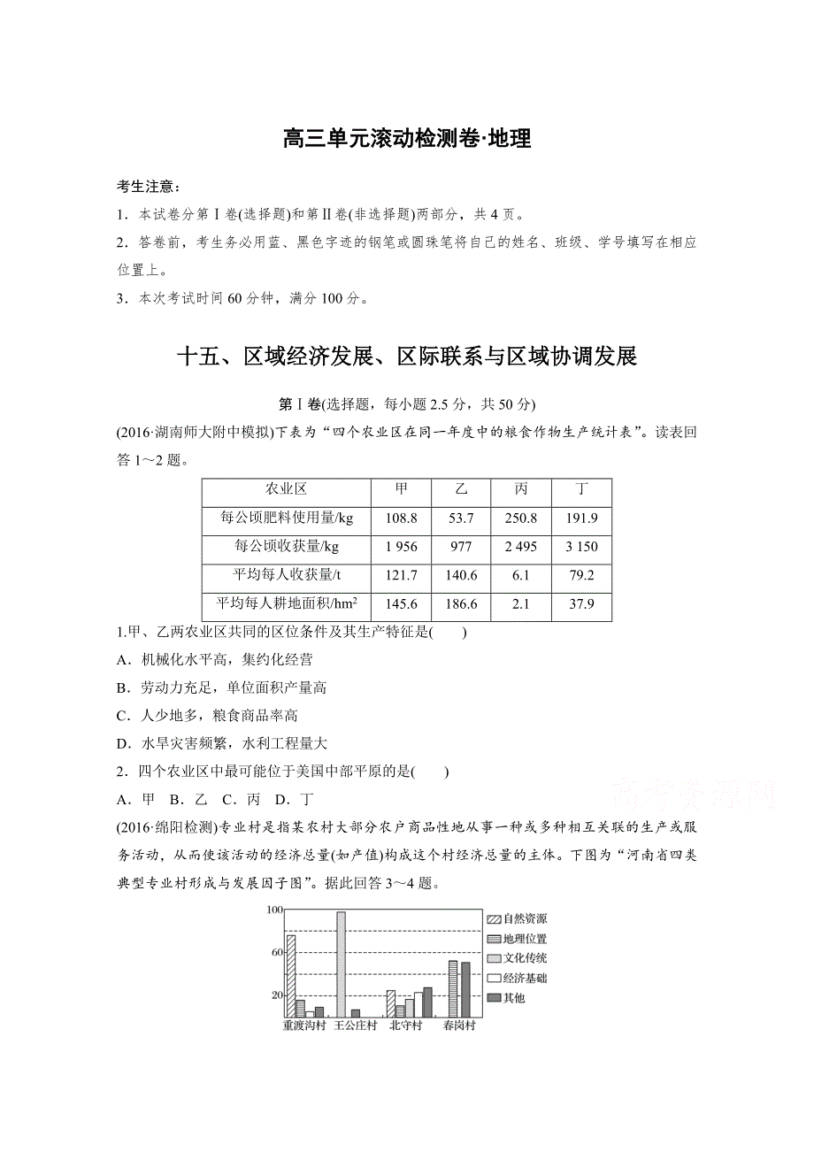 2017新步步高《单元滚动检测卷》高考地理（人教全国）精练—第十五单元 区域经济发展、区际联系与区域协调发展 WORD版含答案.docx_第1页