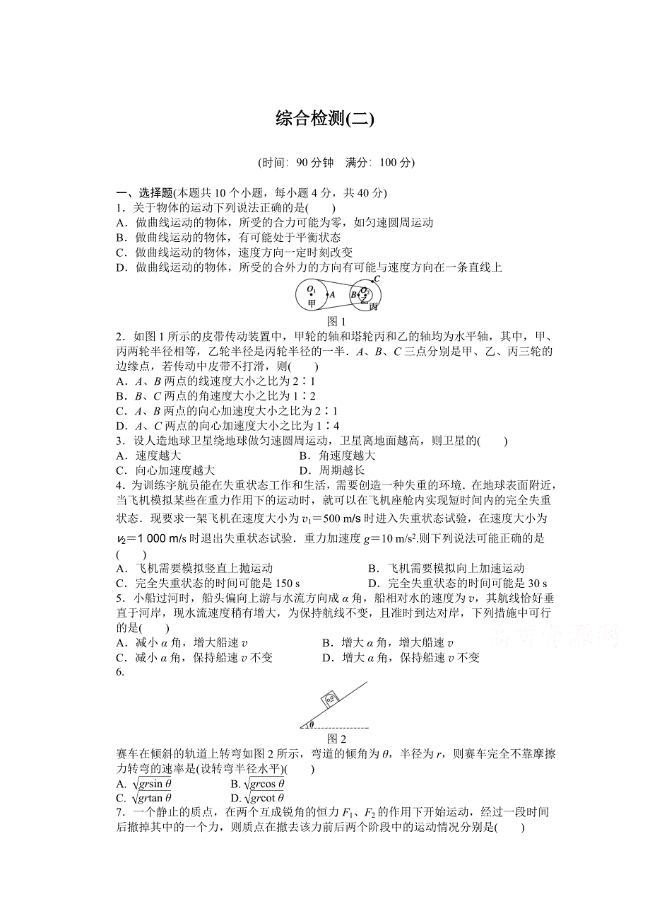 2014-2015学年教科版物理必修二作业：综合检测2.docx_第1页