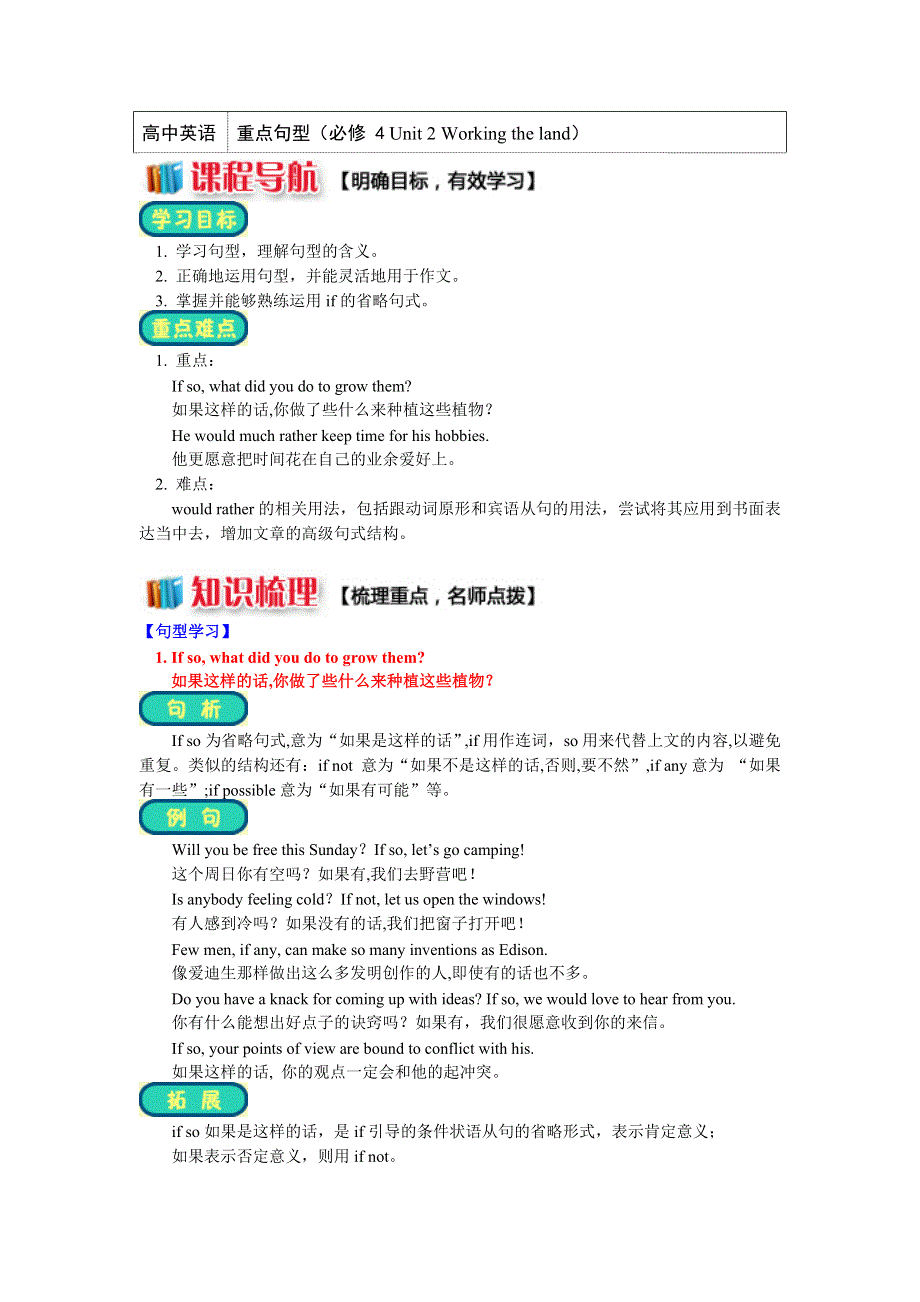 2018年高中英语人教版必修四精品讲义：UNIT 2 WORKING THE LAND重点句型 WORD版含答案.docx_第1页