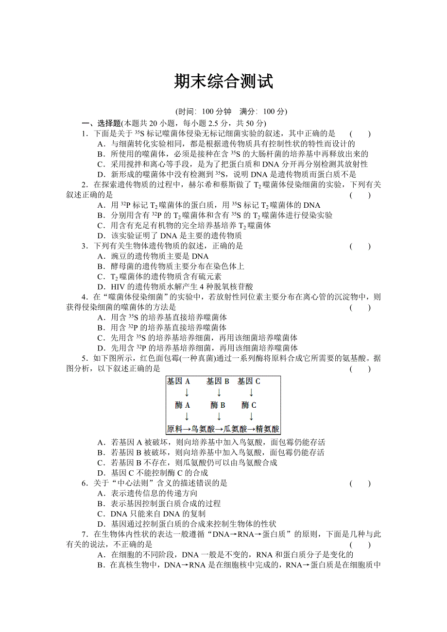 2014-2015学年高一生物苏教版必修2 期末综合测试 WORD版含解析.docx_第1页