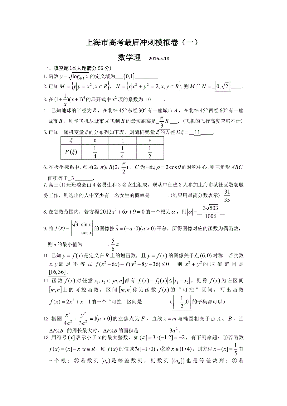 上海市2016年高考最后冲刺模拟（一）数学理试题 WORD版含答案.doc_第1页