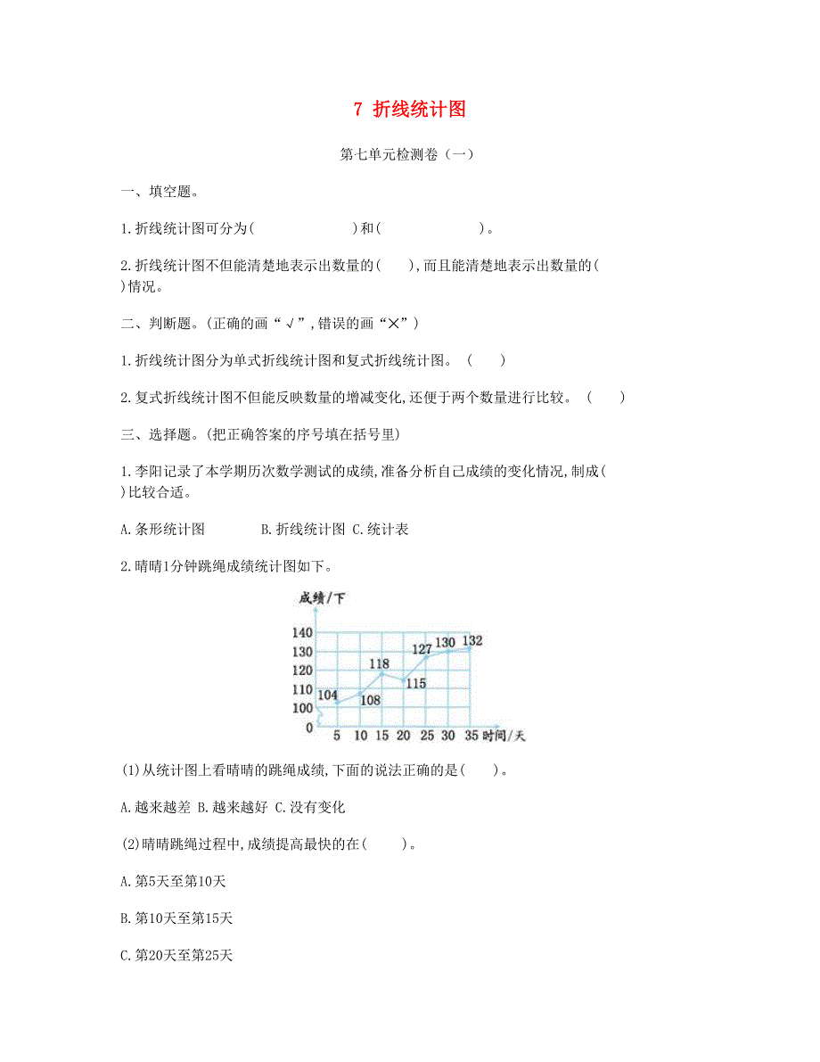 五年级数学下册 7 折线统计图单元检测卷（一） 新人教版.doc_第1页