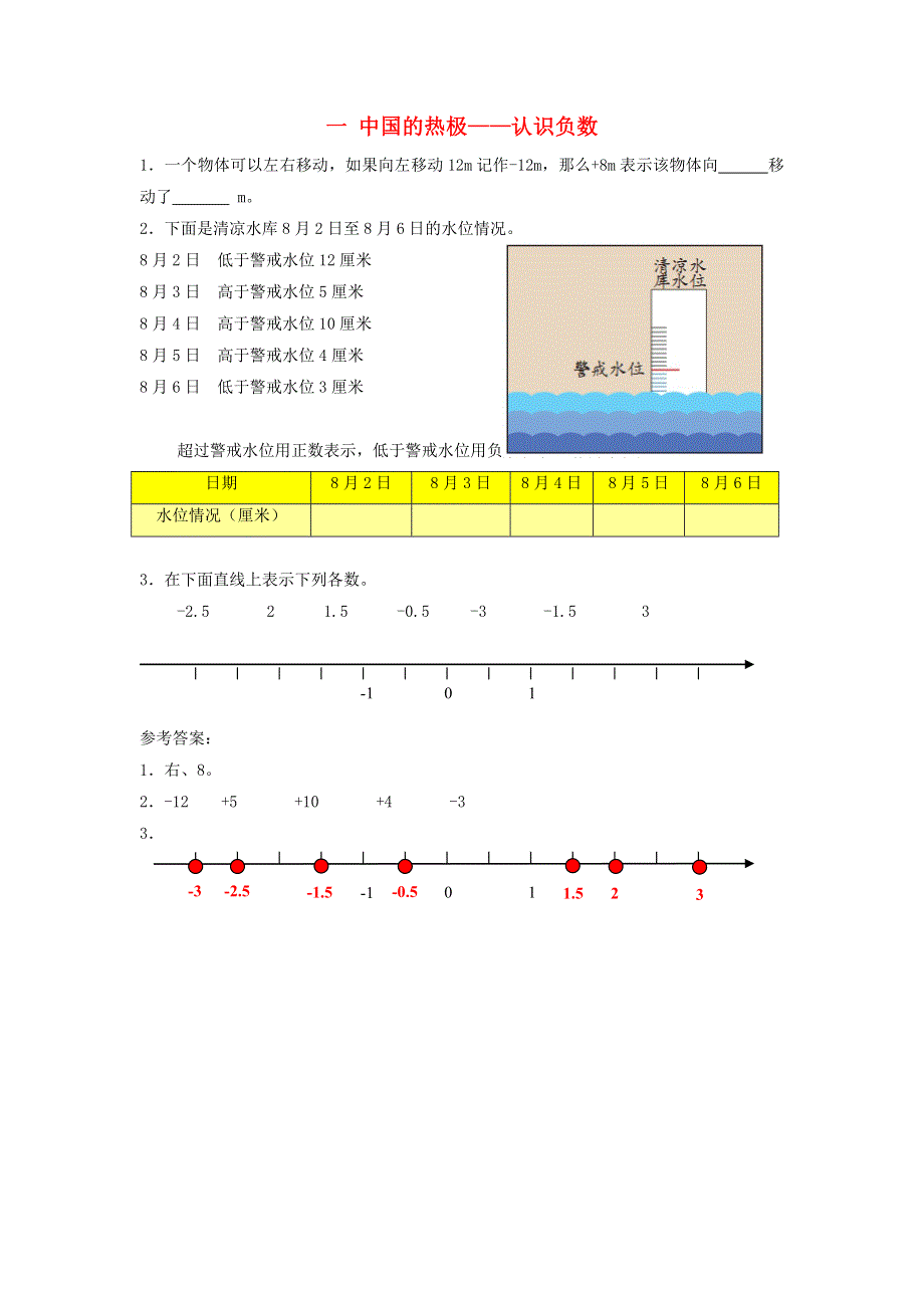 五年级数学下册 一 中国的热极——认识负数补充习题 青岛版六三制.doc_第1页