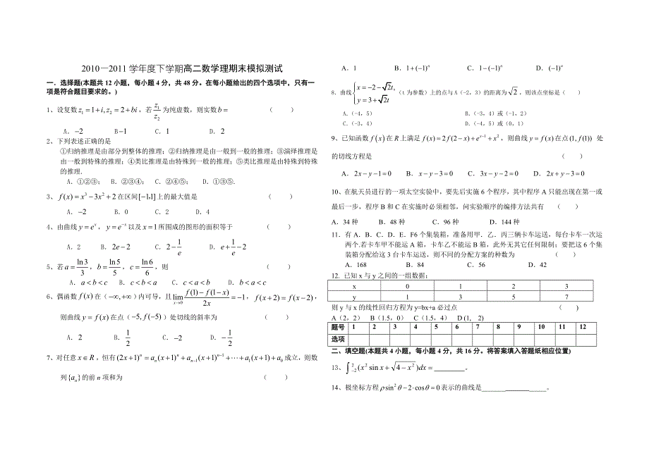 10-11学年高二下学期期末模拟试题数学理（缺答案）.doc_第1页