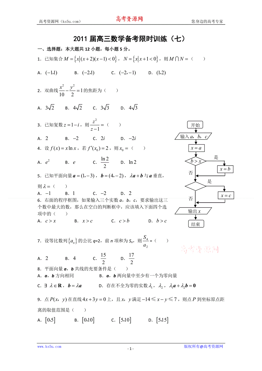 [原创]2011届高三数学备考限时训练（七）.doc_第1页