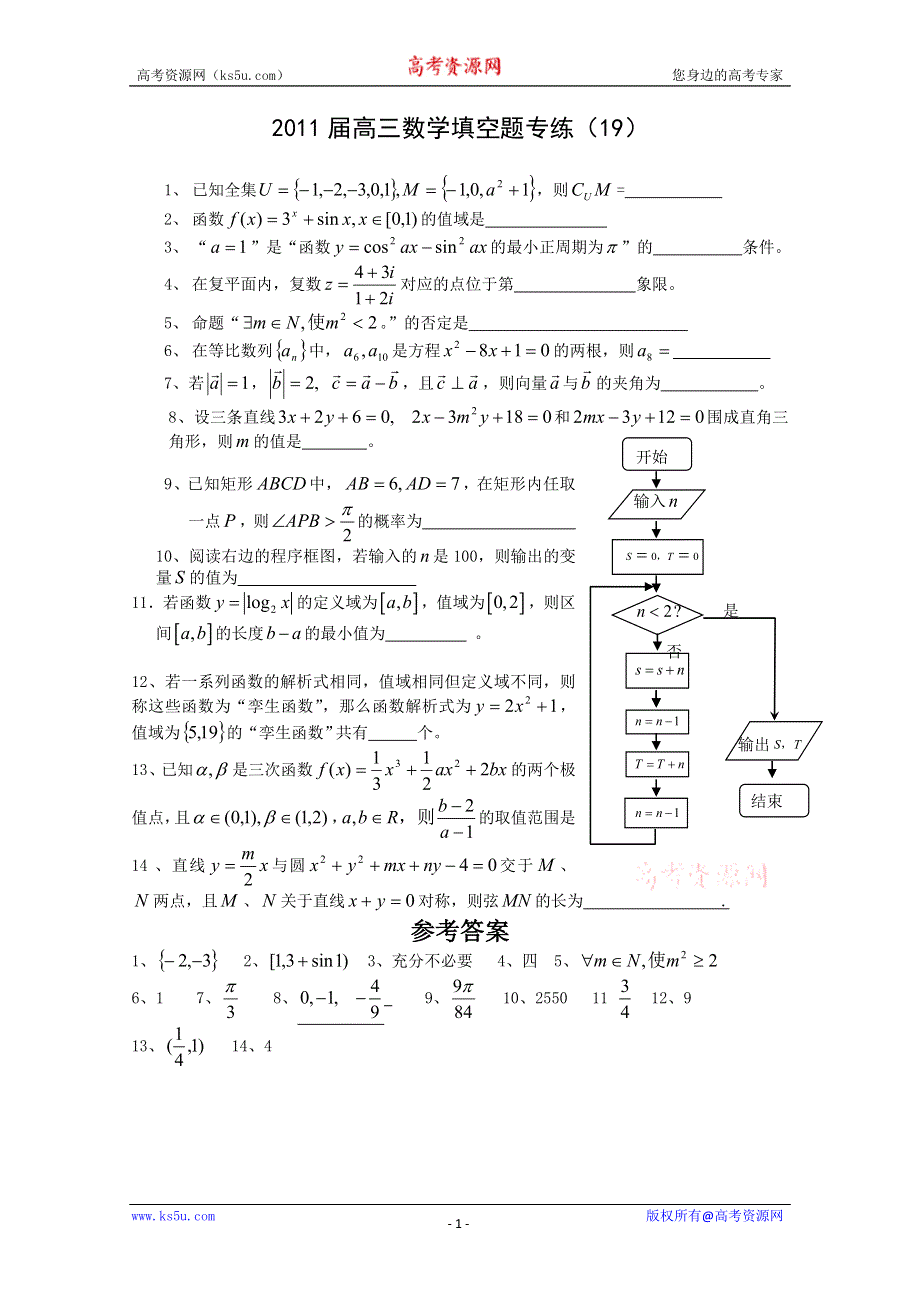 [原创]2011届高三数学填空题专练（19）.doc_第1页