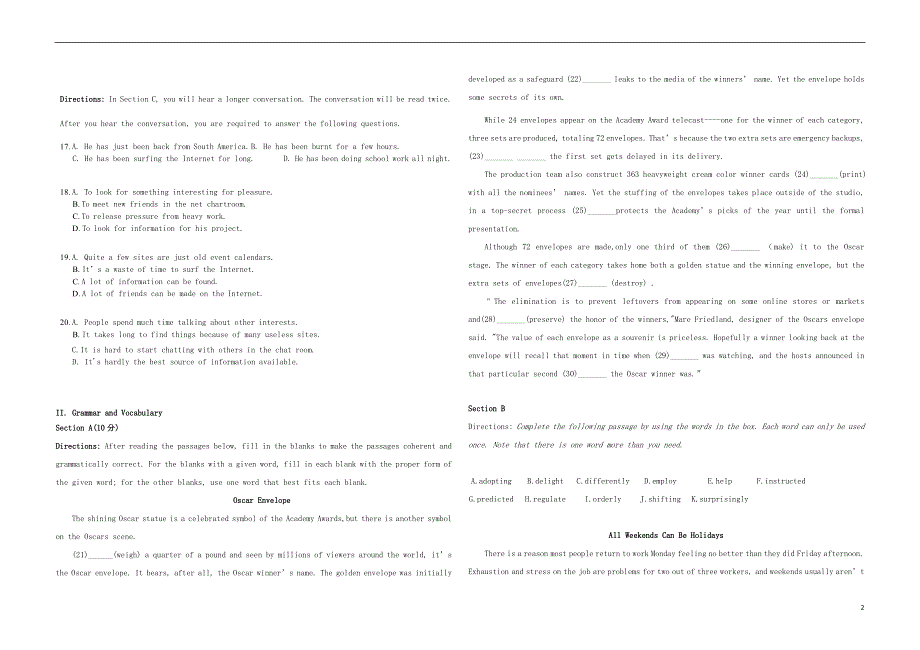 上海市2021届高三英语下学期5月秋考押题试题08.doc_第2页