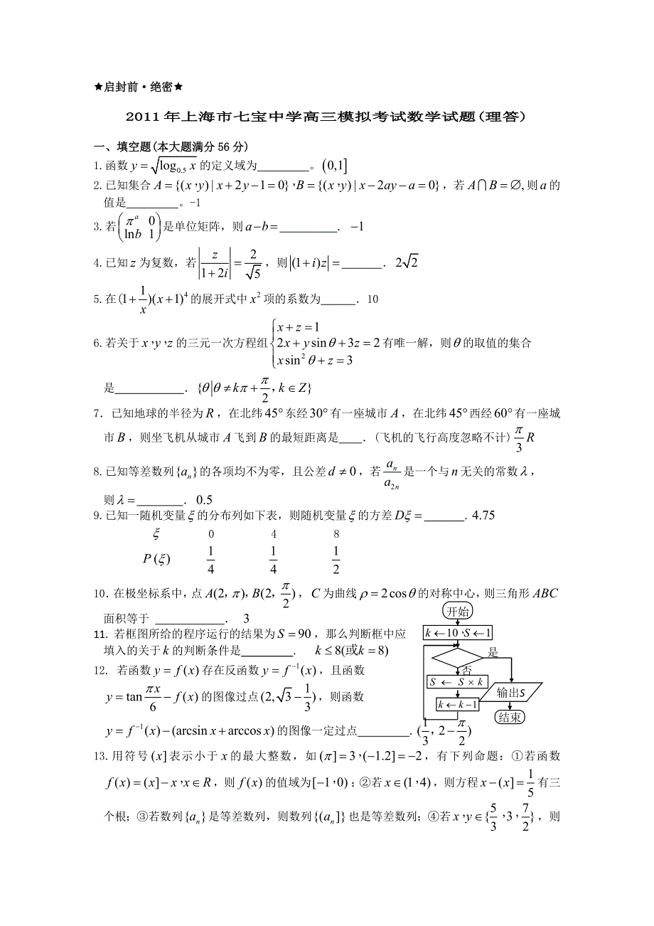 上海市七宝中学2012届高三模拟考试 理科数学试题.doc_第1页