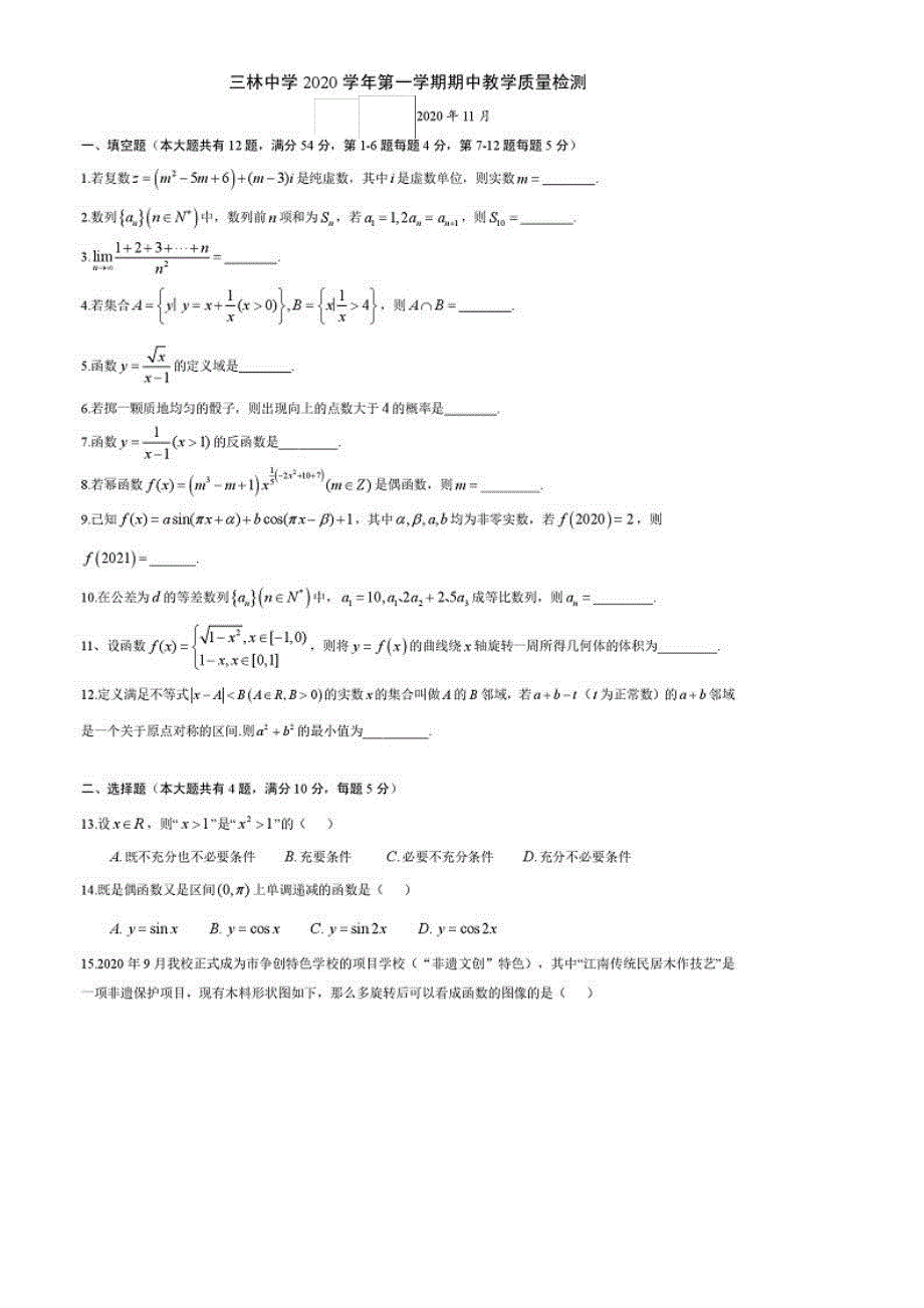 上海市三林中学2021届高三上学期期中考试数学试题 PDF版含答案.pdf_第1页