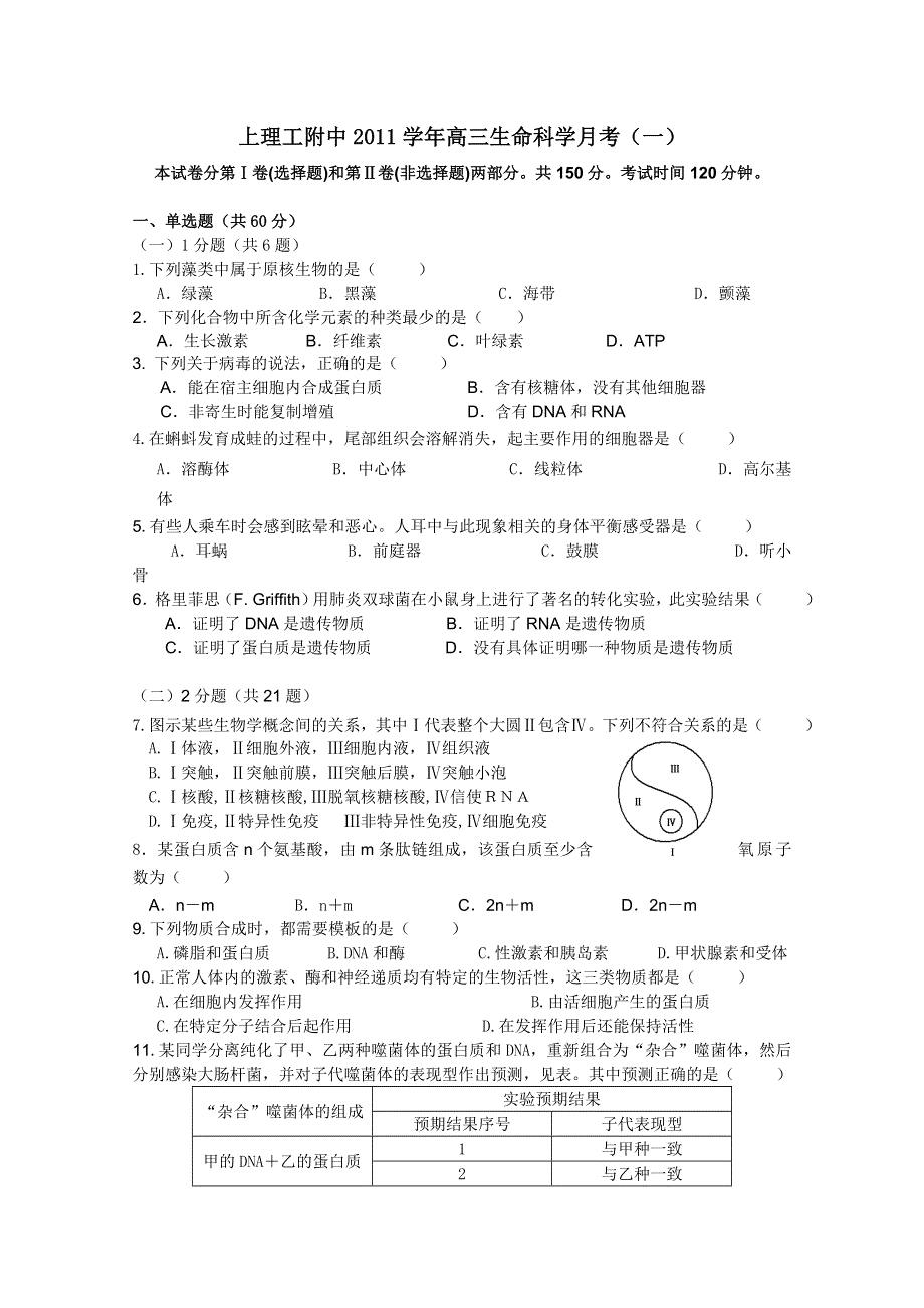 上海市上海理工大学附属中学2012届高三第一次月考（生物）（无答案）.doc_第1页