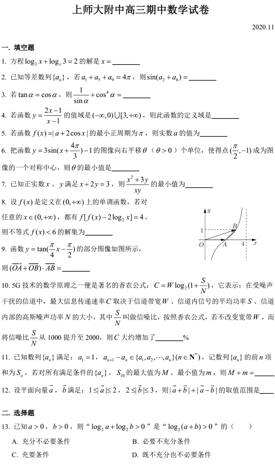 上海市上海师大附中2021届高三上学期期中考试数学试题 PDF版含答案.pdf_第1页