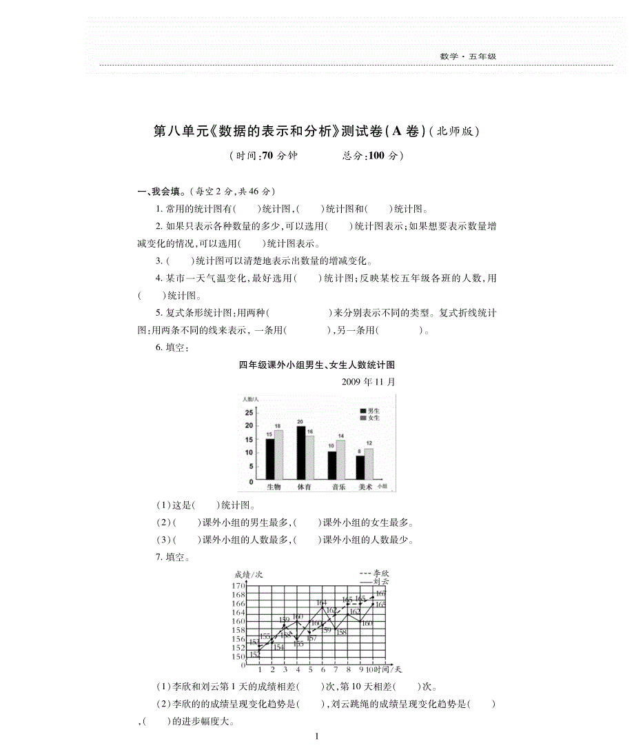 五年级数学下册 第八单元 数据的表示和分析测试卷（pdf无答案） 北师大版.pdf_第1页