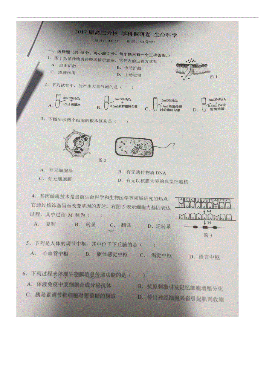 上海市六校2017届高三学科调研生物试题 PDF版缺答案.pdf_第1页