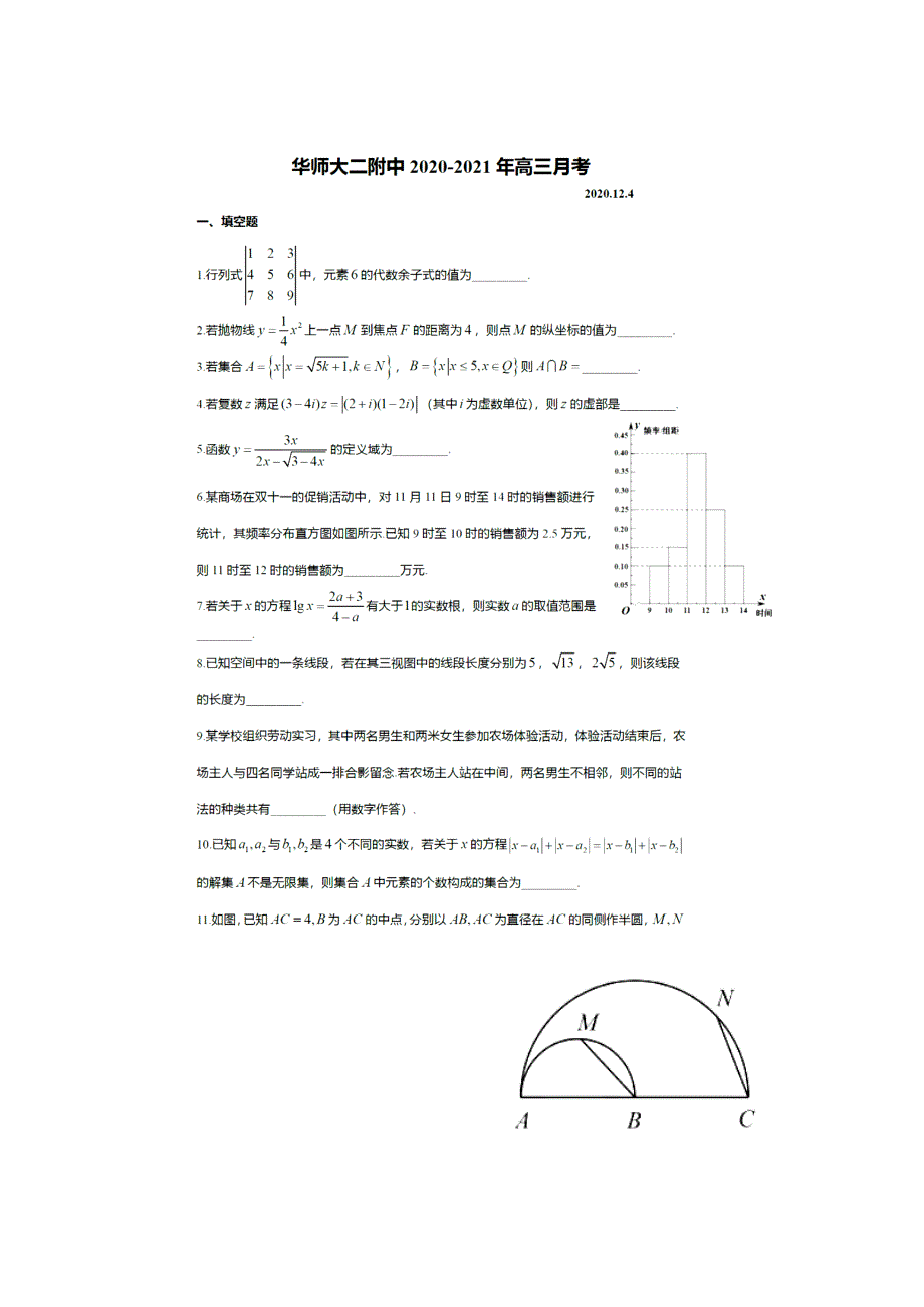 上海市华东师范大学第二附属中学2021届高三上学期12月月考数学试题 PDF版含答案.pdf_第1页