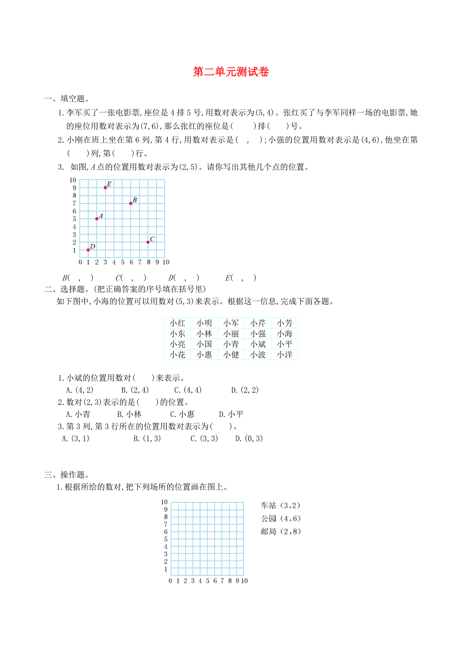 五年级数学上册 2 位置单元综合测试卷 新人教版.doc_第1页