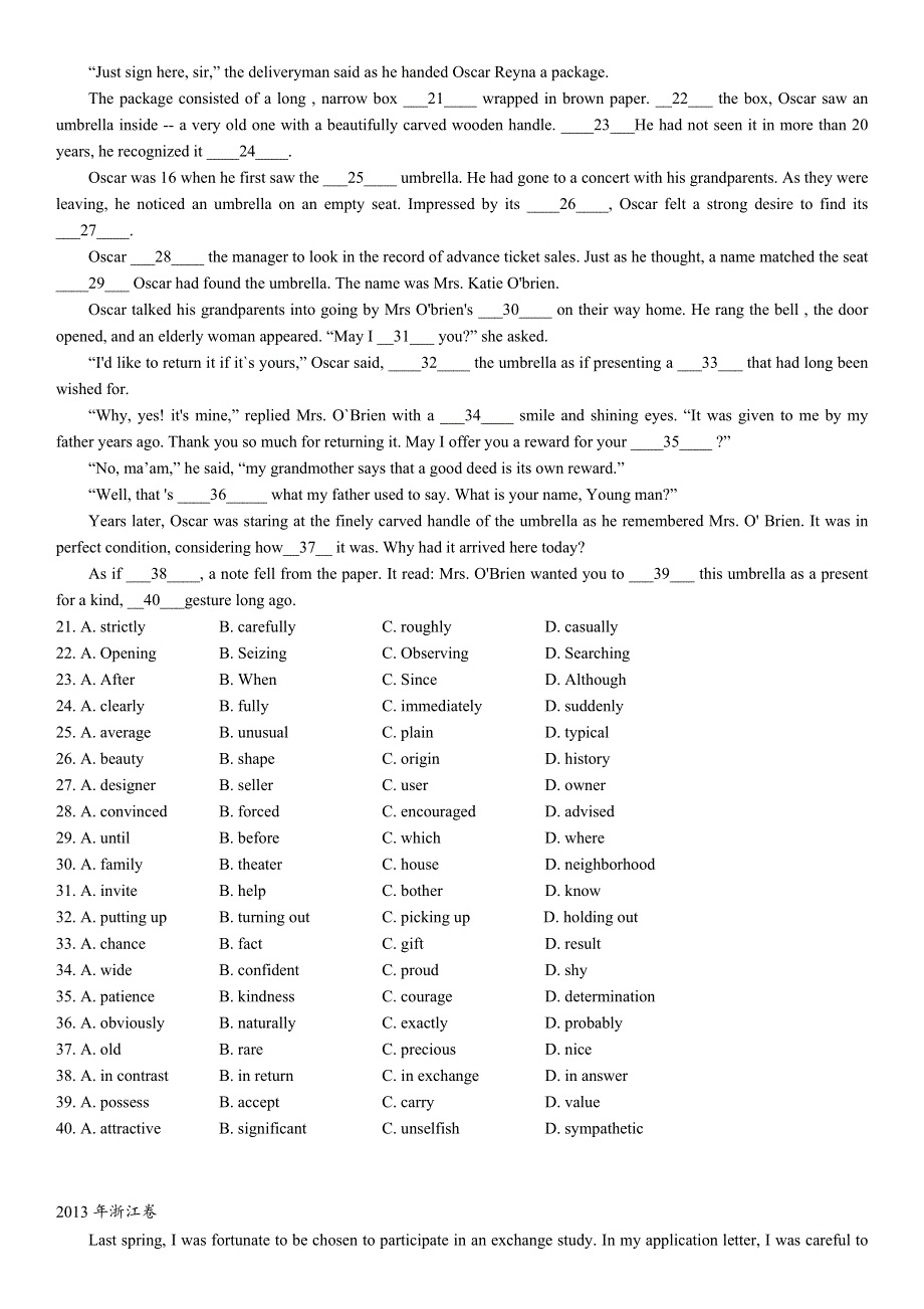 2011-2022年高考浙江卷英语完形填空真题汇编 WORD版含答案.docx_第2页