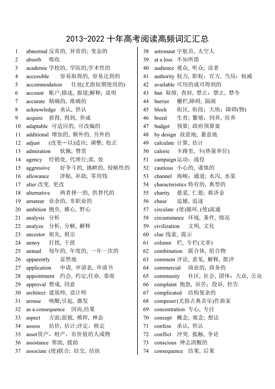 2013-2022十年高考阅读高频词汇汇总素材-2023届高三英语一轮复习.docx_第1页