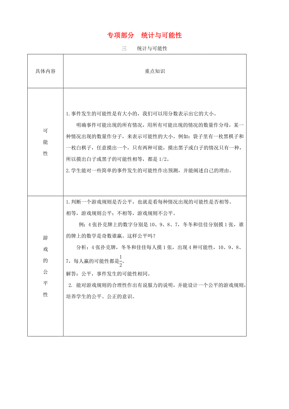 五年级数学上册 教材梳理 统计与可能性 冀教版.doc_第1页