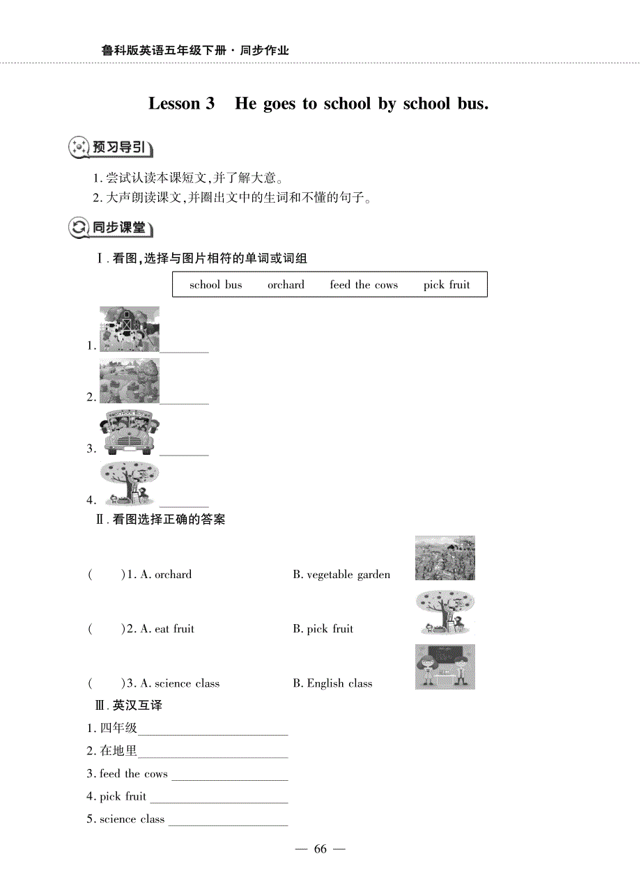 五年级英语下册 Unit 5 Country Life Lesson 3 He goes to school by school bus同步作业（pdf无答案）鲁科版（五四制）.pdf_第1页