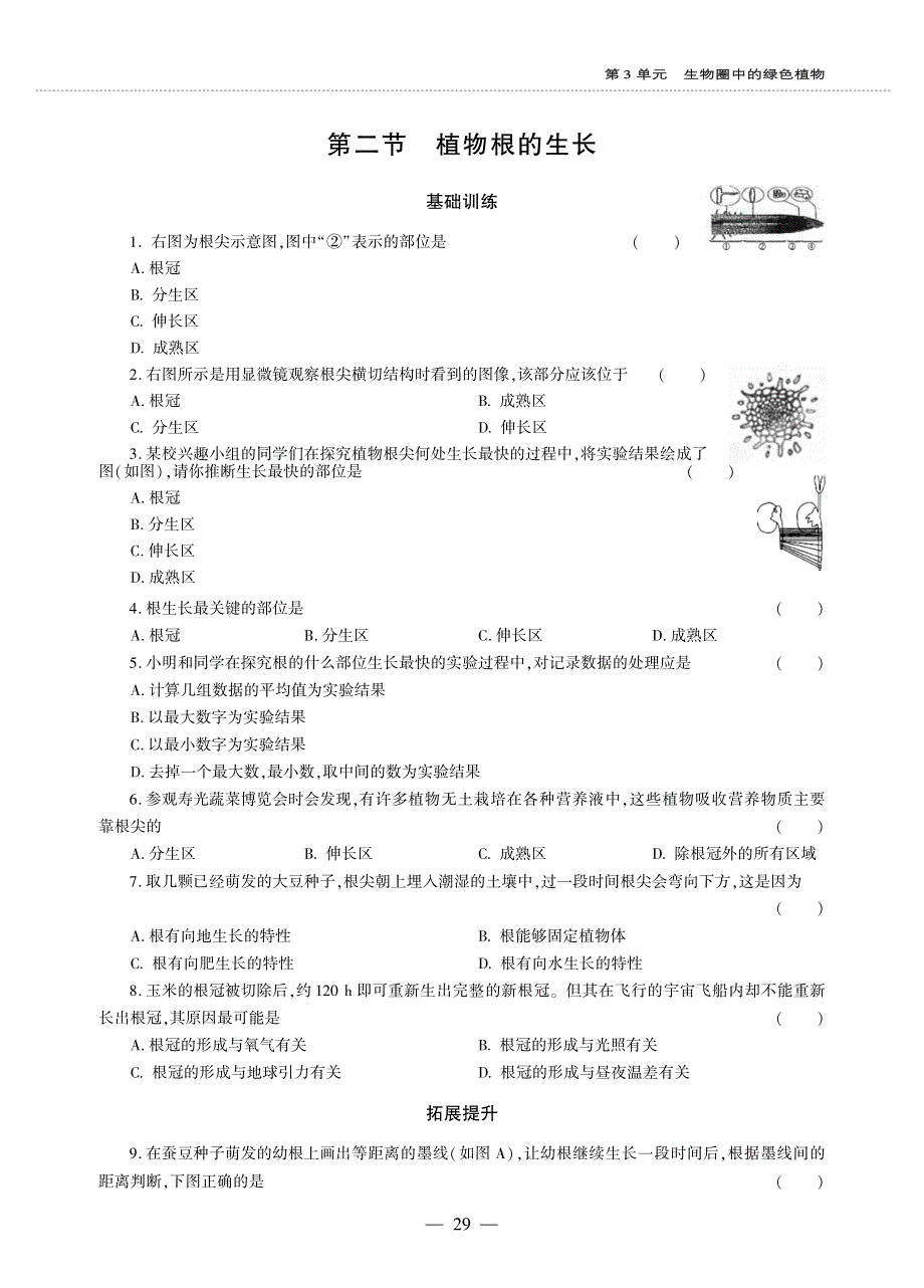 七年级生物上册 第3单元 生物圈中的绿色植物 第5章 绿色植物的一生 第二节 植物根的生长同步作业（pdf无答案）（新版）苏教版.pdf_第1页