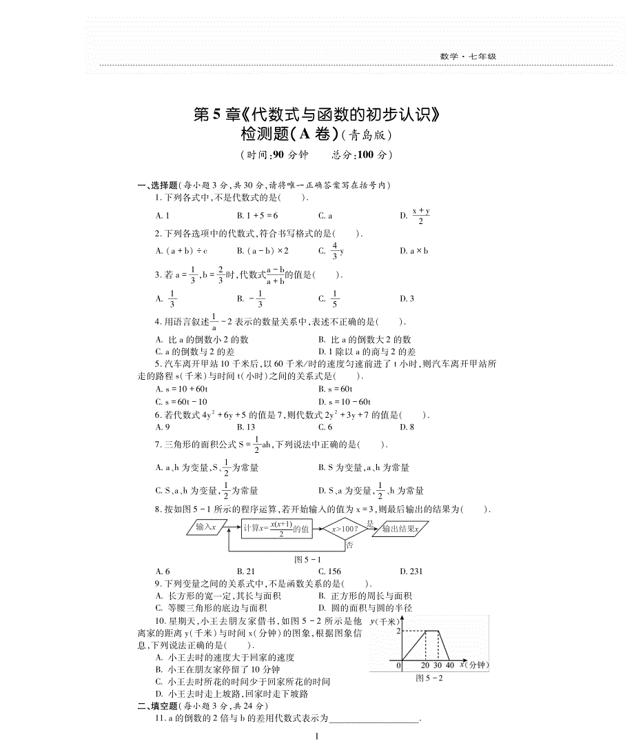 七年级数学上册 第5章 代数式与函数的初步认识检测题（pdf无答案）青岛版.pdf_第1页