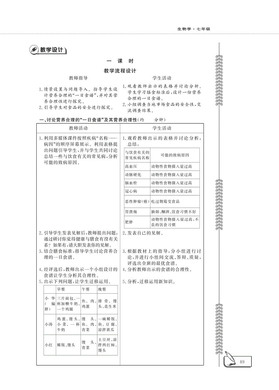 七年级生物下册 第4单元 生物圈中的人 第9章 人的食物来自环境 第三节 膳食指南与食品安全教案设计（pdf）（新版）苏教版.pdf_第2页