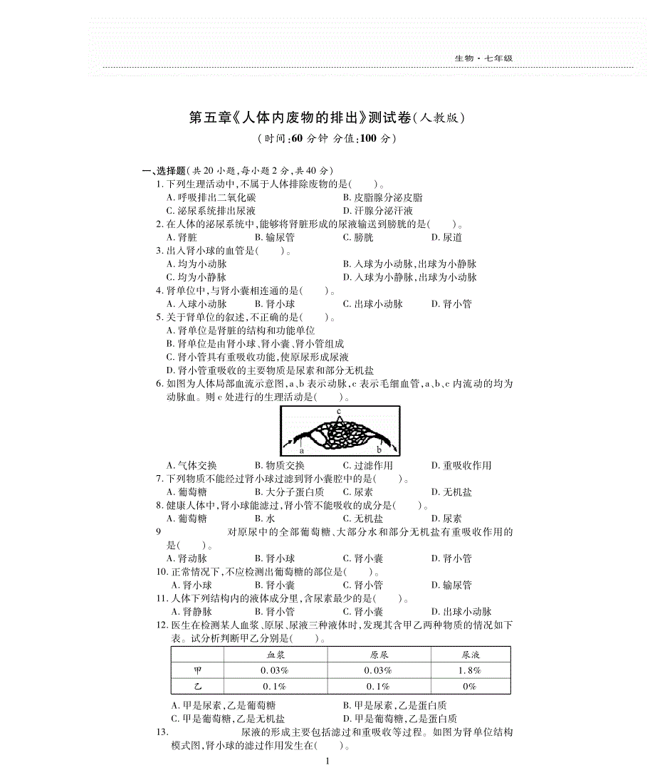 七年级生物下册 第四单元 生物圈中的人 第五章 人体内废物的排出评估测试题（pdf无答案）（新版）新人教版.pdf_第1页