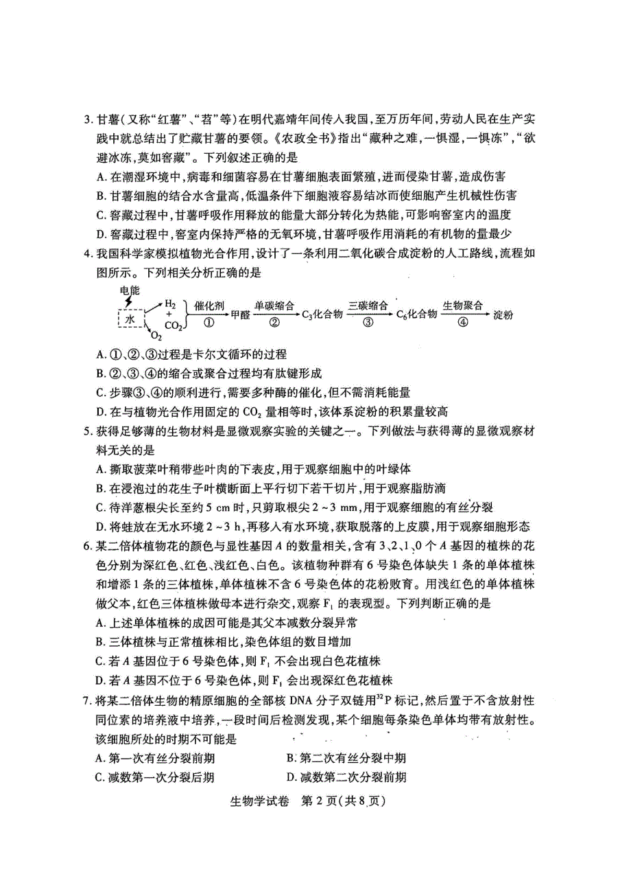 《名校》武汉市2022届高中毕业生二月调研考试 生物试卷及答案 PDF版含答案.pdf_第2页