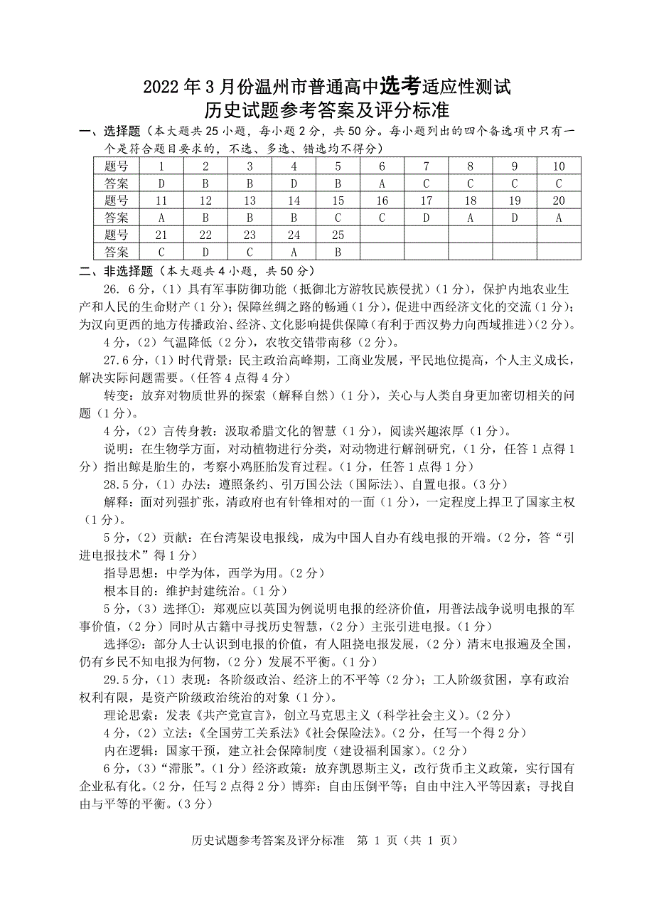 《名校》温州市2022年3月份高三普通高中选考适应性测试——历史答案 PDF版含答案.pdf_第1页