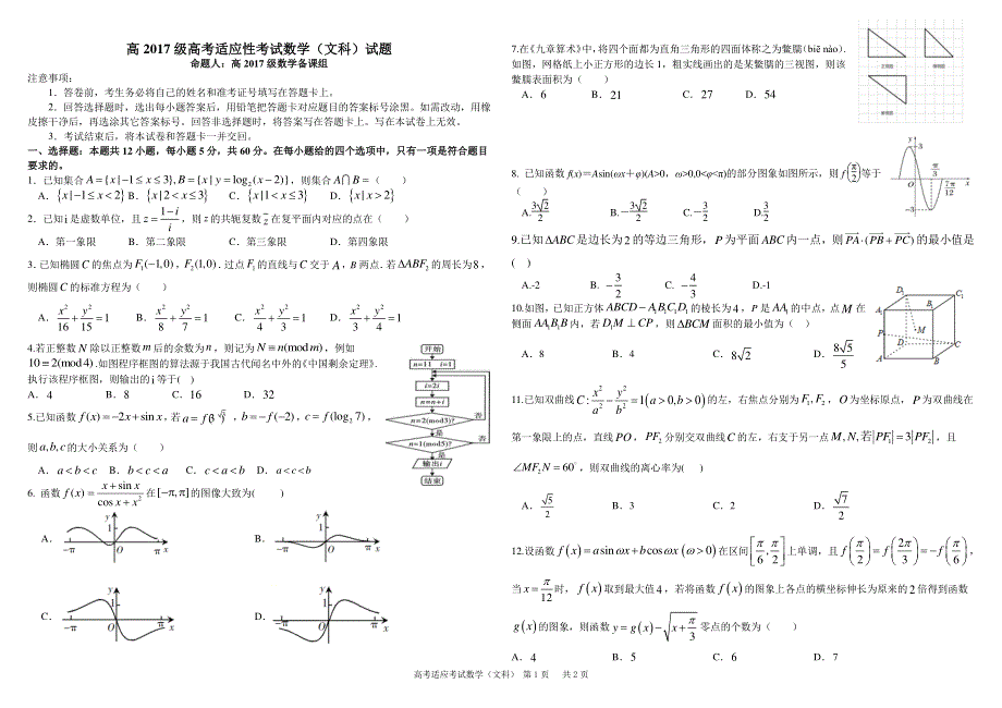 四川省成都市树德中学2020届高三高考适应性考试（6月） 数学（文科）试题 PDF版含答案.pdf_第1页