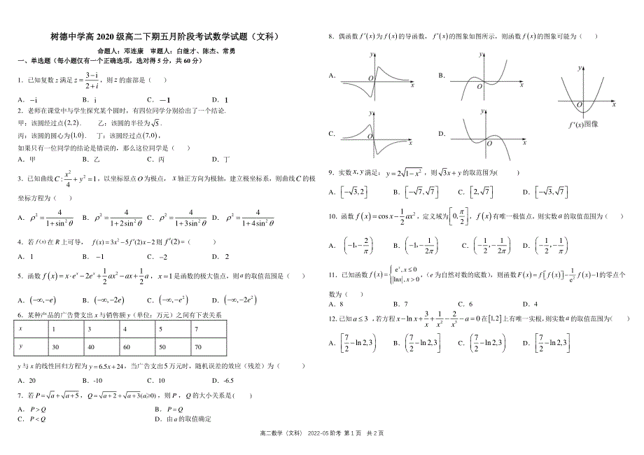 四川省成都市树德中学2021-2022学年高二下学期（5月）阶考 数学（文科） PDF版含解析 （可编辑）.pdf_第1页