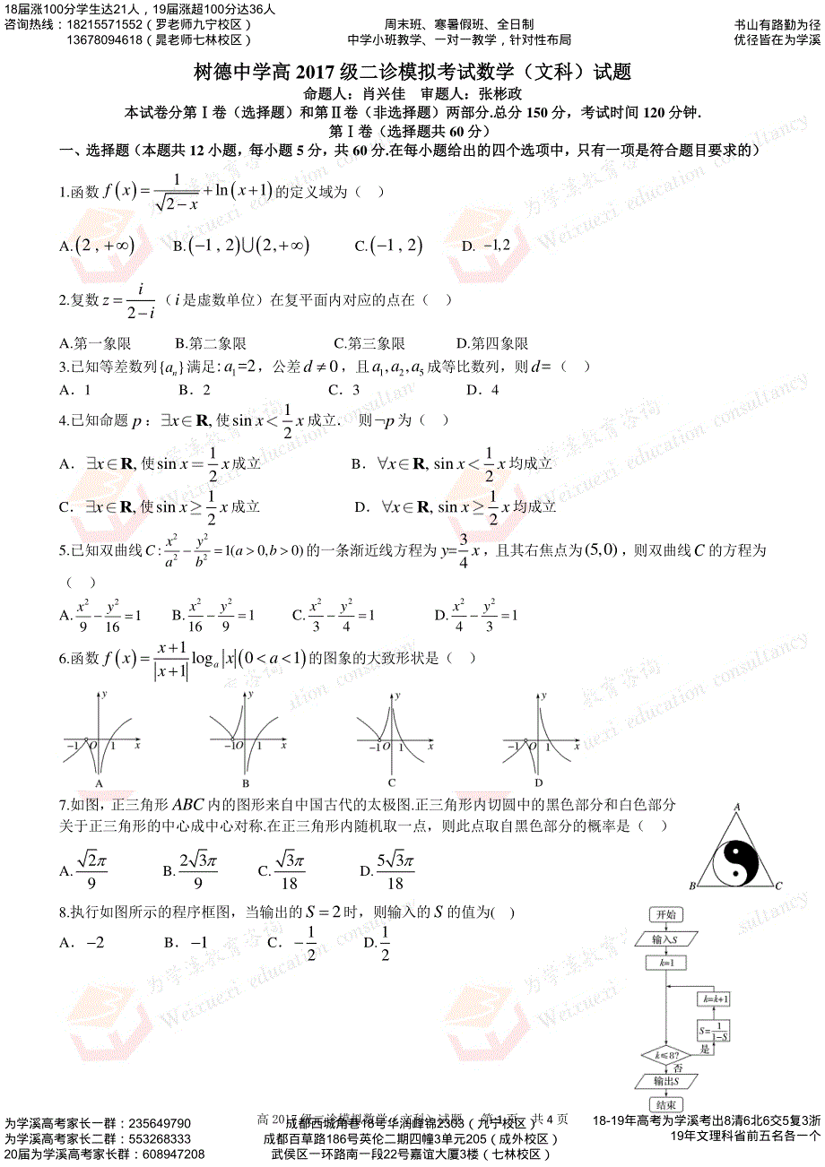 四川省成都树德中学2020届高三二诊模拟考试 数学文 PDF版含答案.pdf_第1页