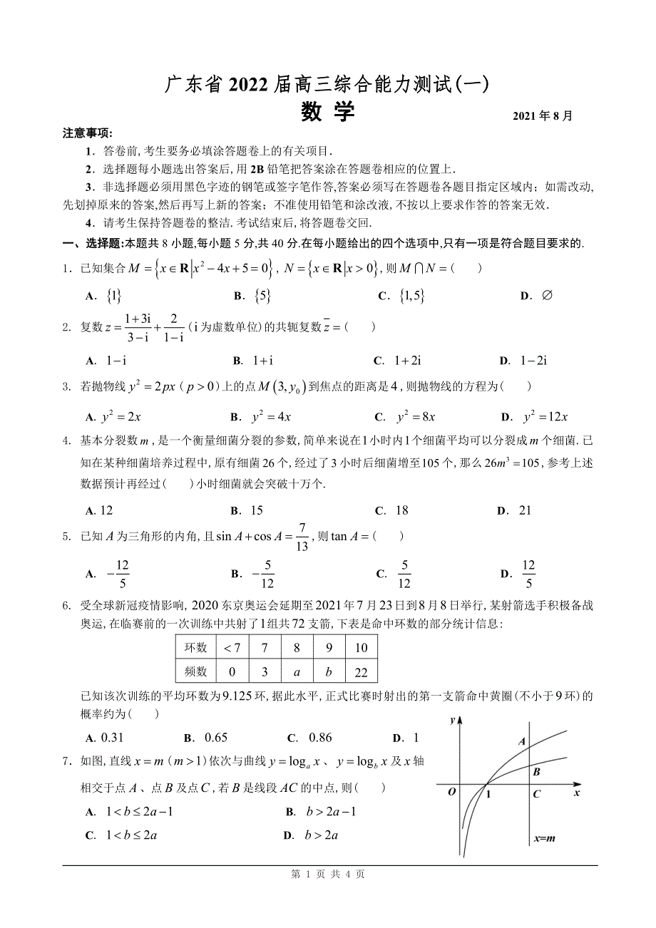 广东省2022届高三综合能力测试（一）数学试题 PDF版含解析.pdf_第1页